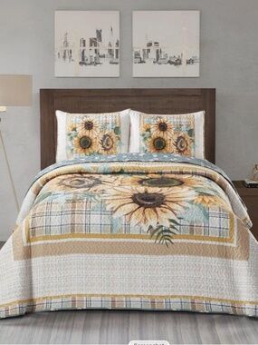 Sunflower Patch Plaid Quilted Queen Quilt Set Cottagecore Farmhouse